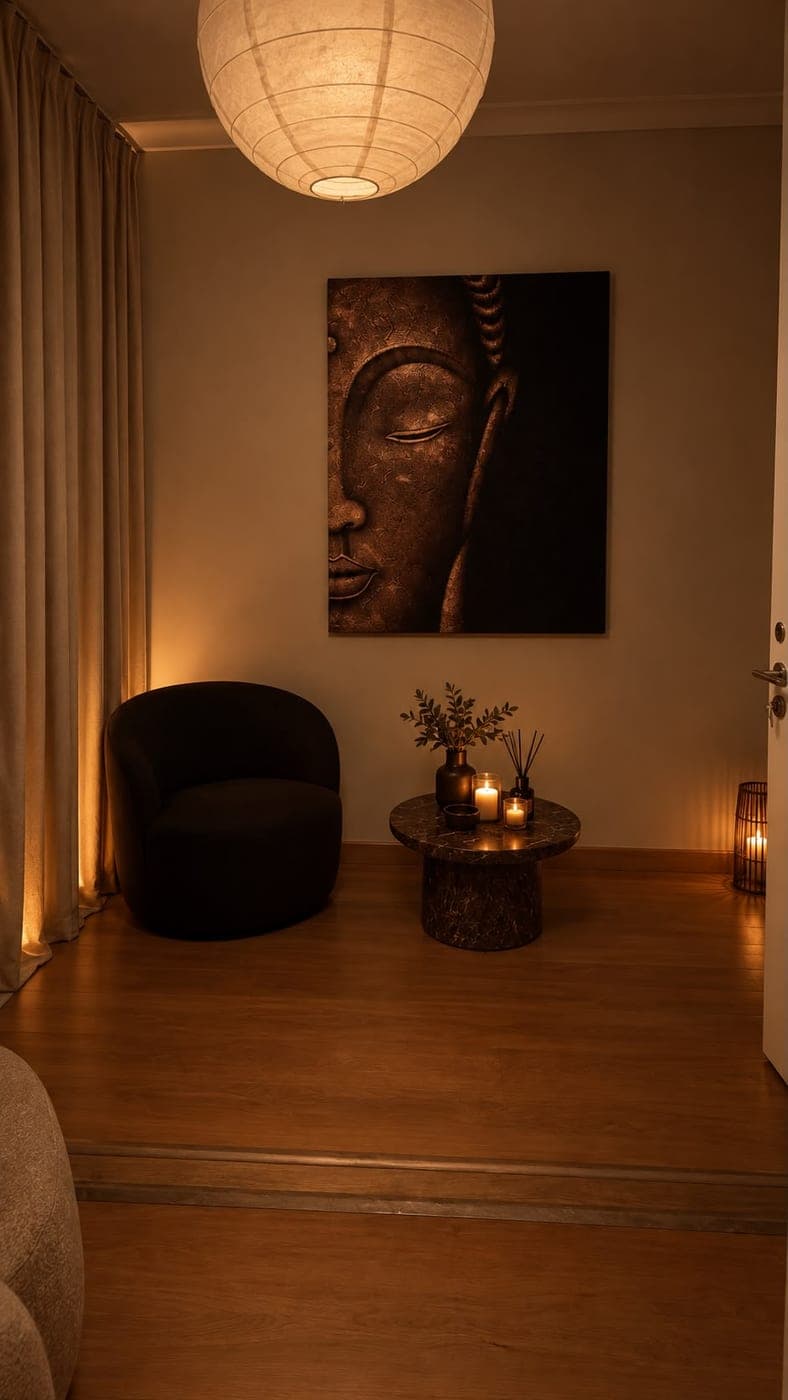 Lounge de chegada com poltrona de veludo, mesa de mármore e quadro de Buda à luz de vela
