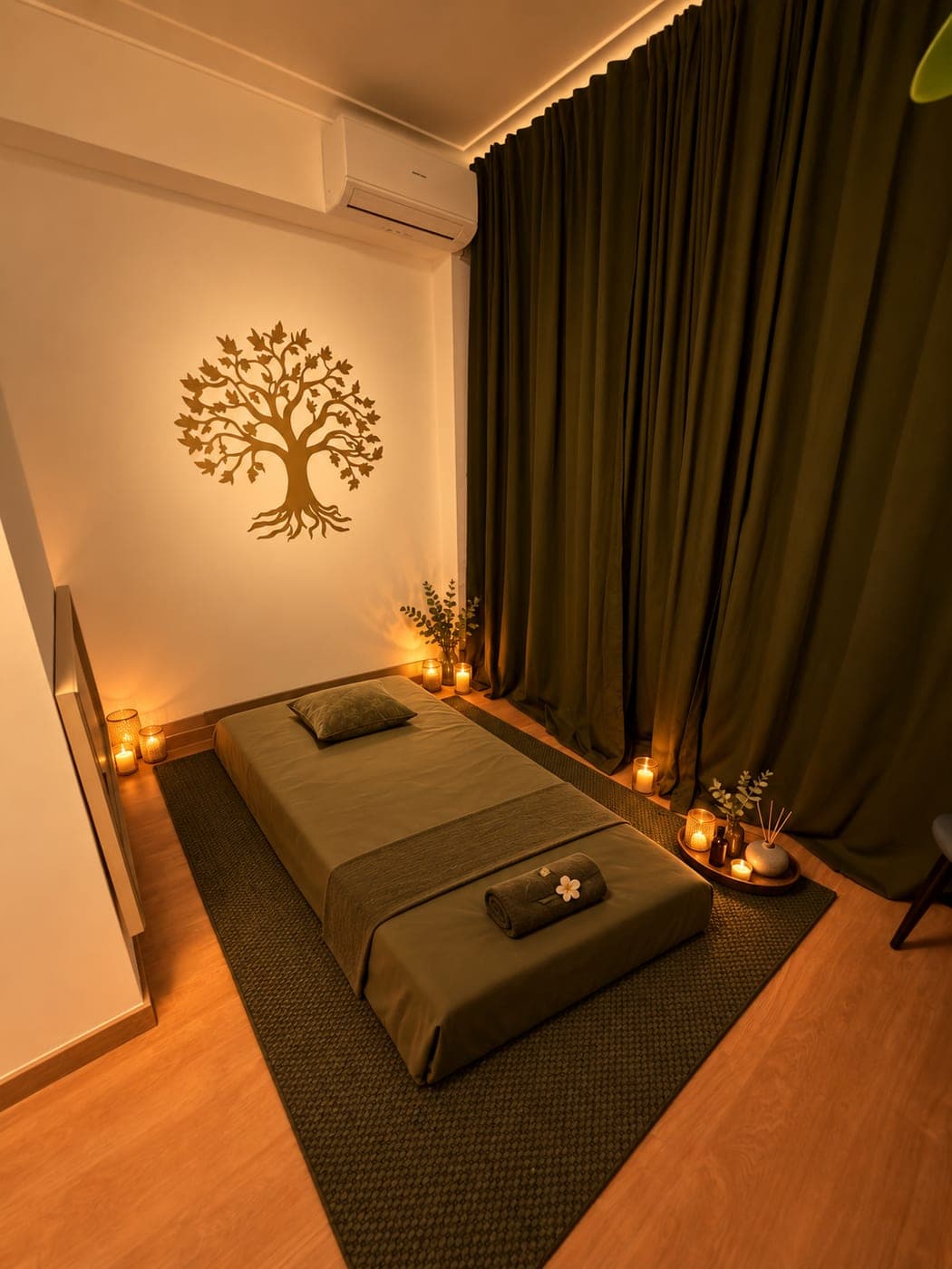 Sala verde-oliva com futon no chão, árvore da vida dourada na parede e velas acesas