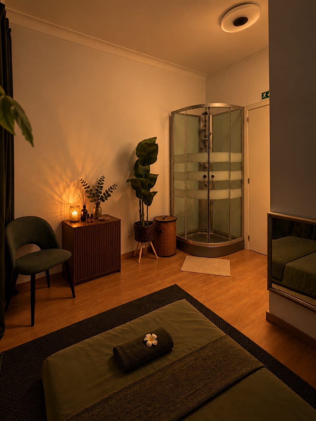 Sala com duche privativo de vidro, cadeira verde, planta e difusor de aromas
